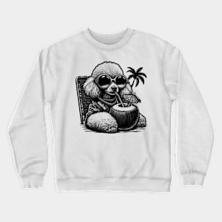 poodle dog wearing sunglasses drinking a coconut drink on a tropical beach Crewneck Sweatshirt